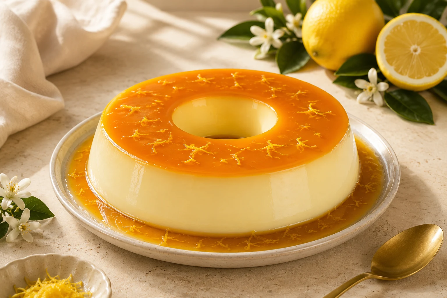 Pudim artesanal premium com calda dourada e raspas de limão siciliano servido em prato de cerâmica
